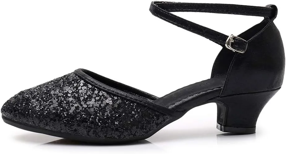 AOQUNFS Women's Glitter Latin Dance Shoes Closed Toe Ballroom Low Heel Sequin Dancing Shoes,DY225