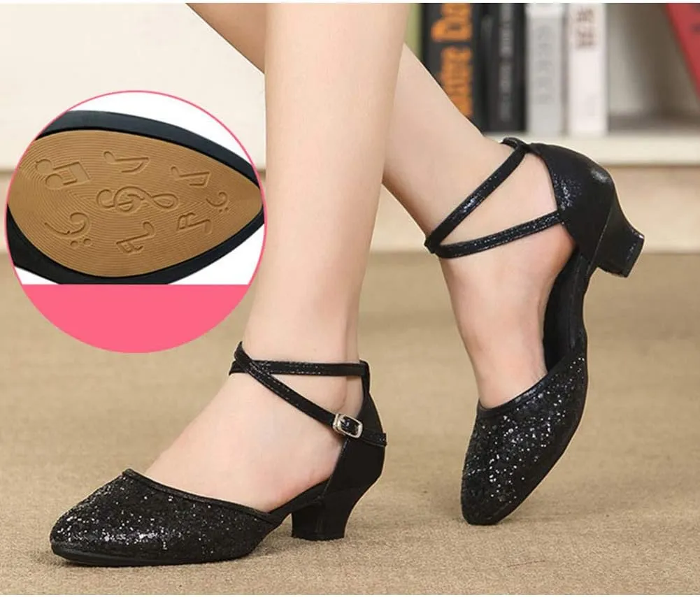 AOQUNFS Women's Glitter Latin Dance Shoes Closed Toe Ballroom Low Heel Sequin Dancing Shoes,DY225