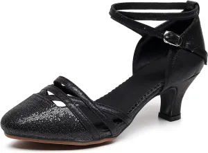 AOQUNFS Women's Glitter Latin Dance Shoes Closed Toe Latin Ballroom Dance Shoes Middle Heel,FT088A