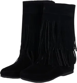 AUNTHUI Women'S Suede Double Tassel Toe Mid-Calf Flat Booties,Winter Warm Fashion Round Toe Faux Suede Slip On Height Increasing Shoes