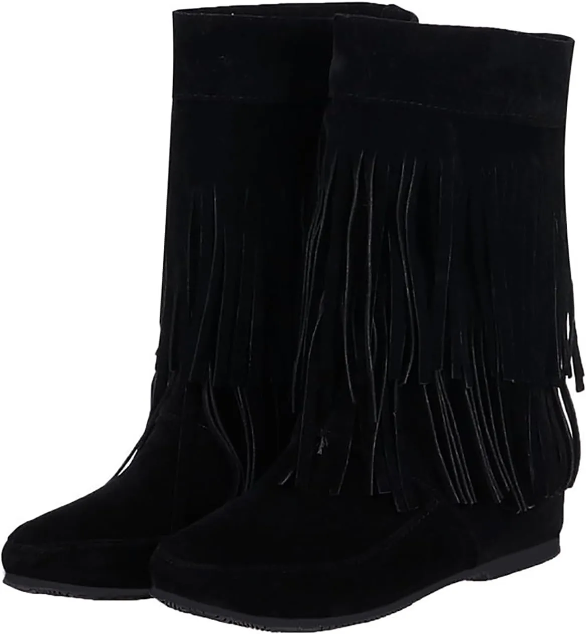AUNTHUI Women'S Suede Double Tassel Toe Mid-Calf Flat Booties,Winter Warm Fashion Round Toe Faux Suede Slip On Height Increasing Shoes