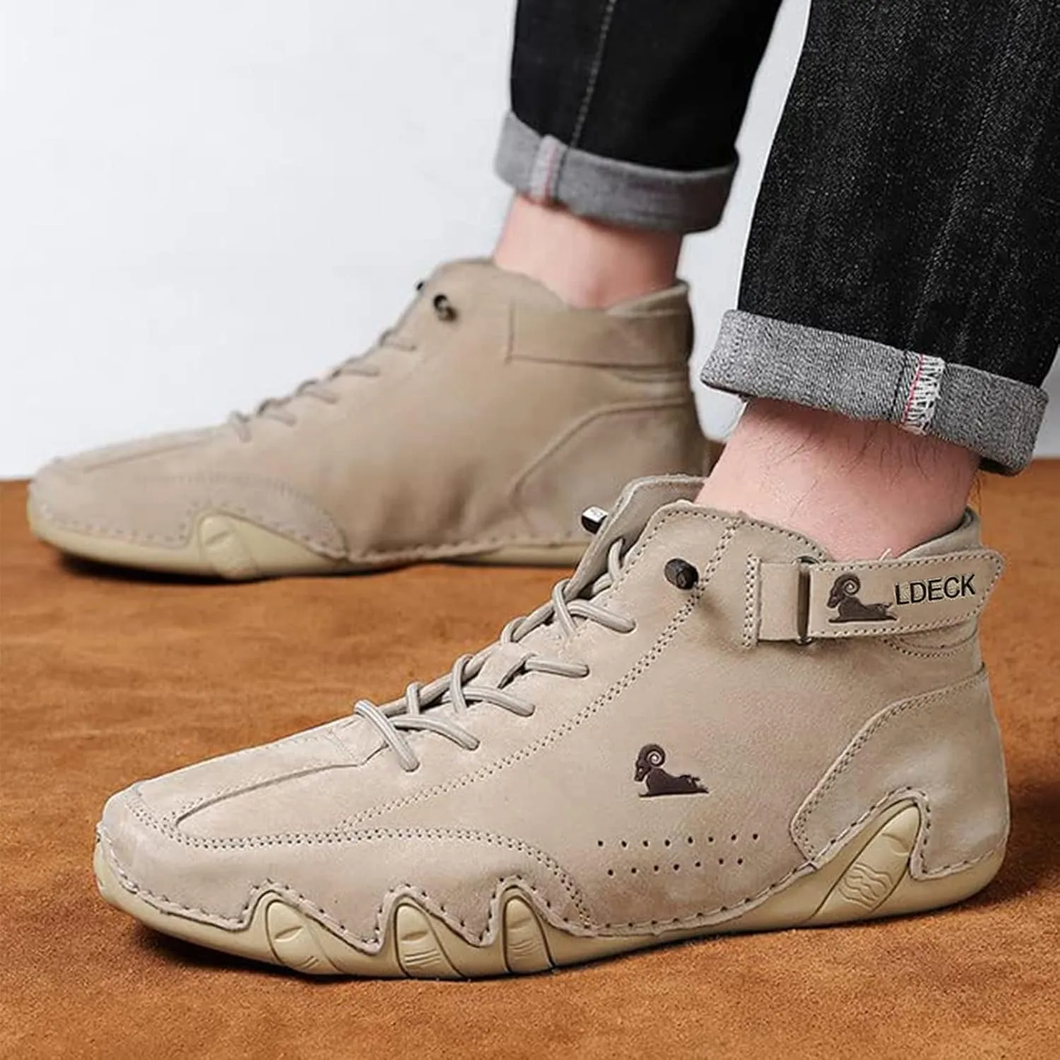 Braised Pork Italian Handmade Suede High Boots,Men's Soft Leather Casual Sneakers Non-Slip Breathable High Boots (US-12.5,Khaki)