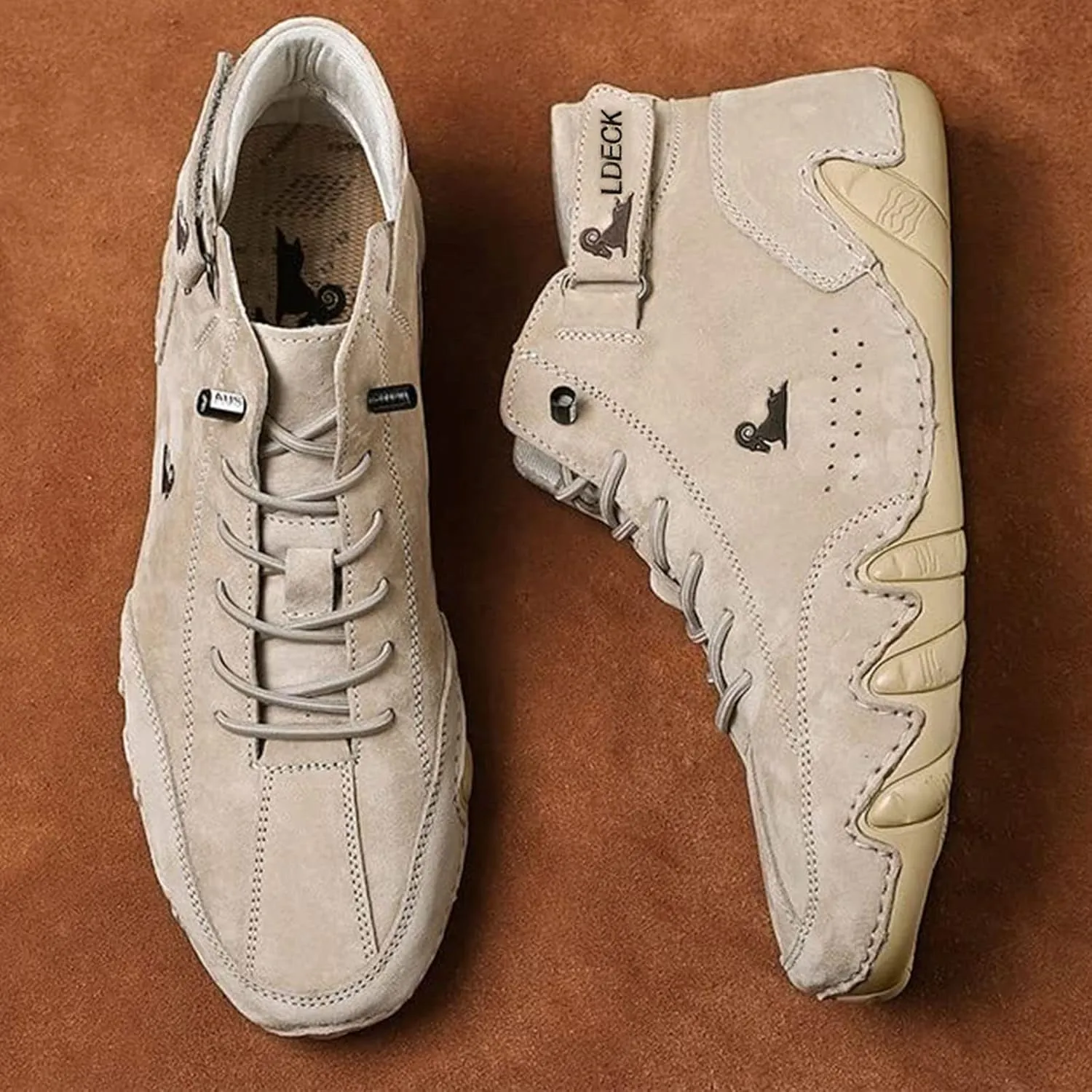 Braised Pork Italian Handmade Suede High Boots,Men's Soft Leather Casual Sneakers Non-Slip Breathable High Boots (US-12.5,Khaki)