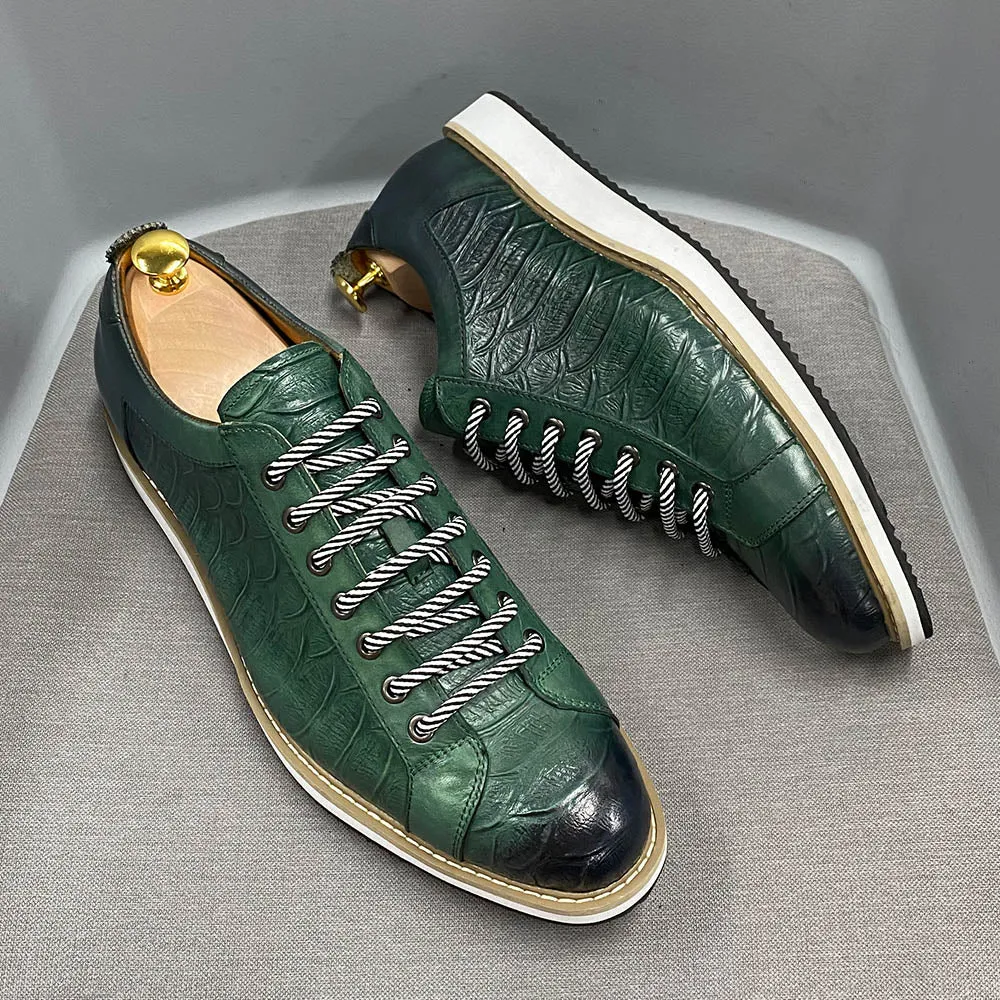 Crocodile Skin Pattern Genuine Leather Sneakers