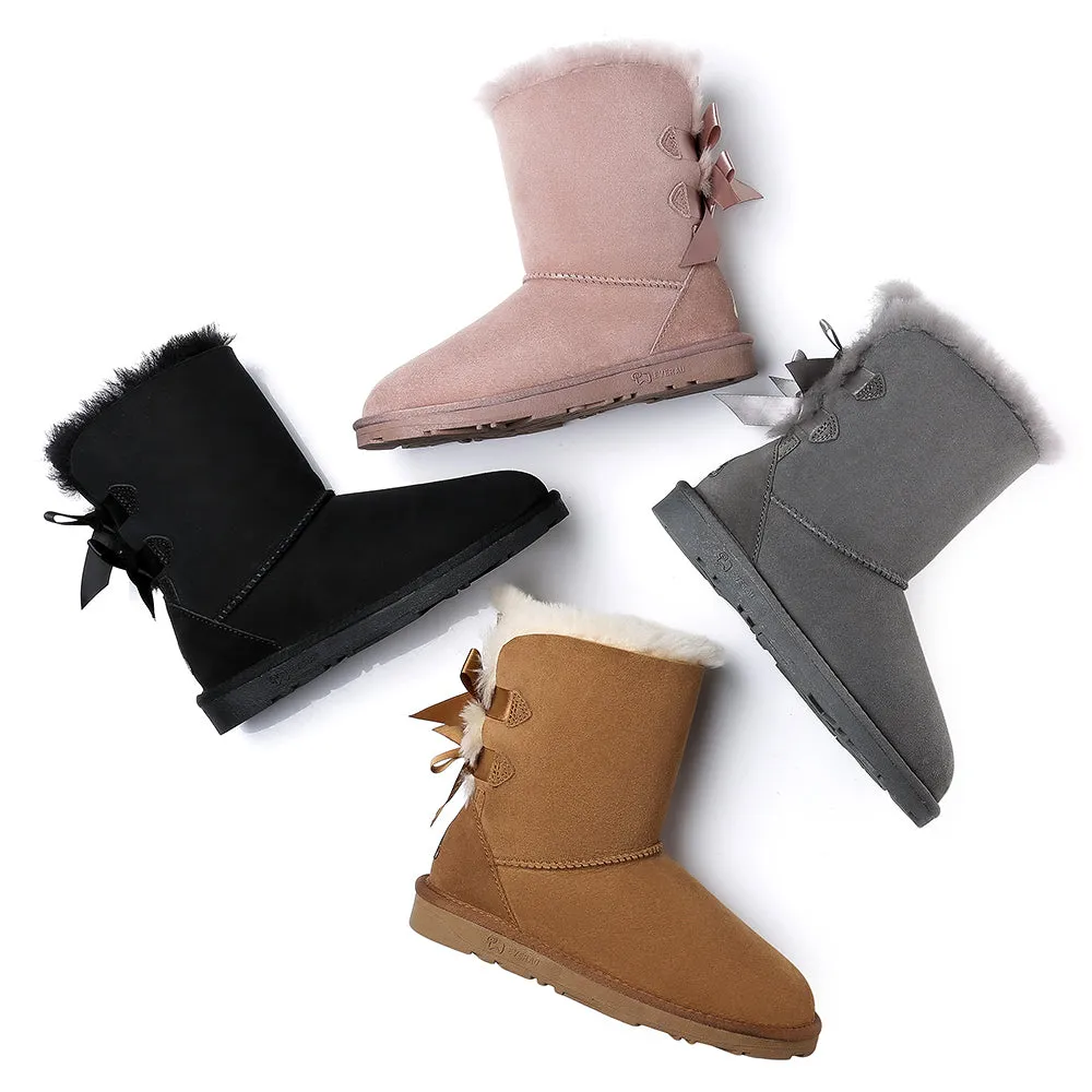 EVERAU Double Baily Short Back Bow Sheepskin Women Boots #EA3044