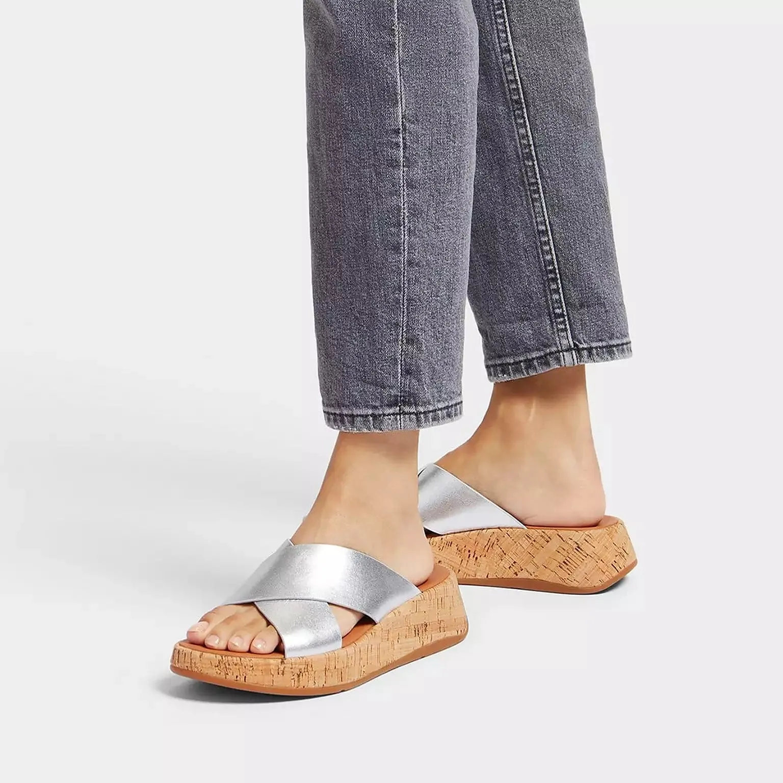 FitFlop F-Mode Metallic Leather/Cork Flatform Cross Slides