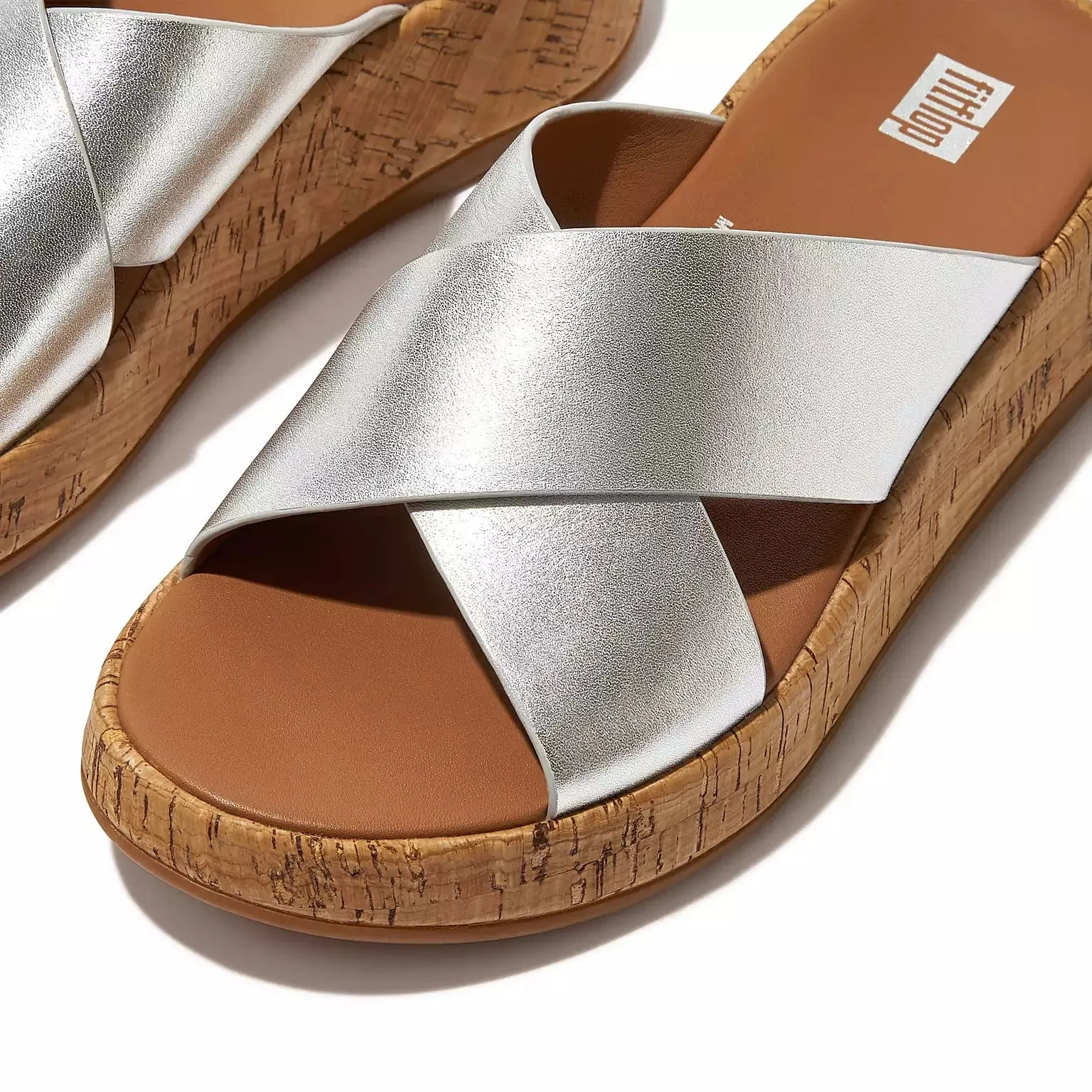 FitFlop F-Mode Metallic Leather/Cork Flatform Cross Slides