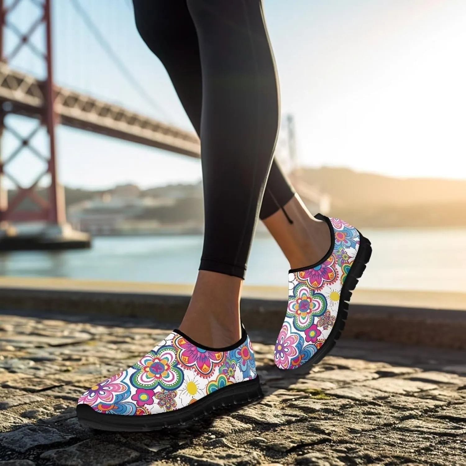 Floral Print Sneakers for Women Casual Low-Top Soft Anti-Skid Sneakers Slip On Lightweight Holiday Travel Shoes for Teen Girls US 5.5-11.5