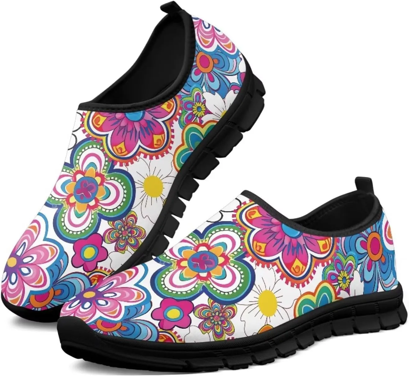 Floral Print Sneakers for Women Casual Low-Top Soft Anti-Skid Sneakers Slip On Lightweight Holiday Travel Shoes for Teen Girls US 5.5-11.5
