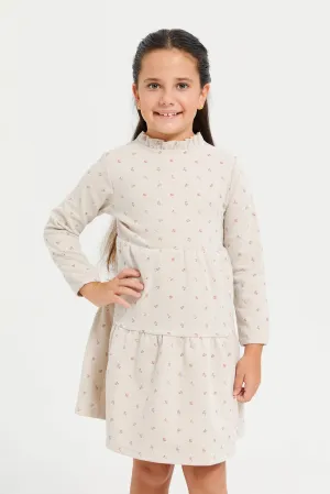 Girls Beige Floral Print Tired Dress With Balloon Sleeve