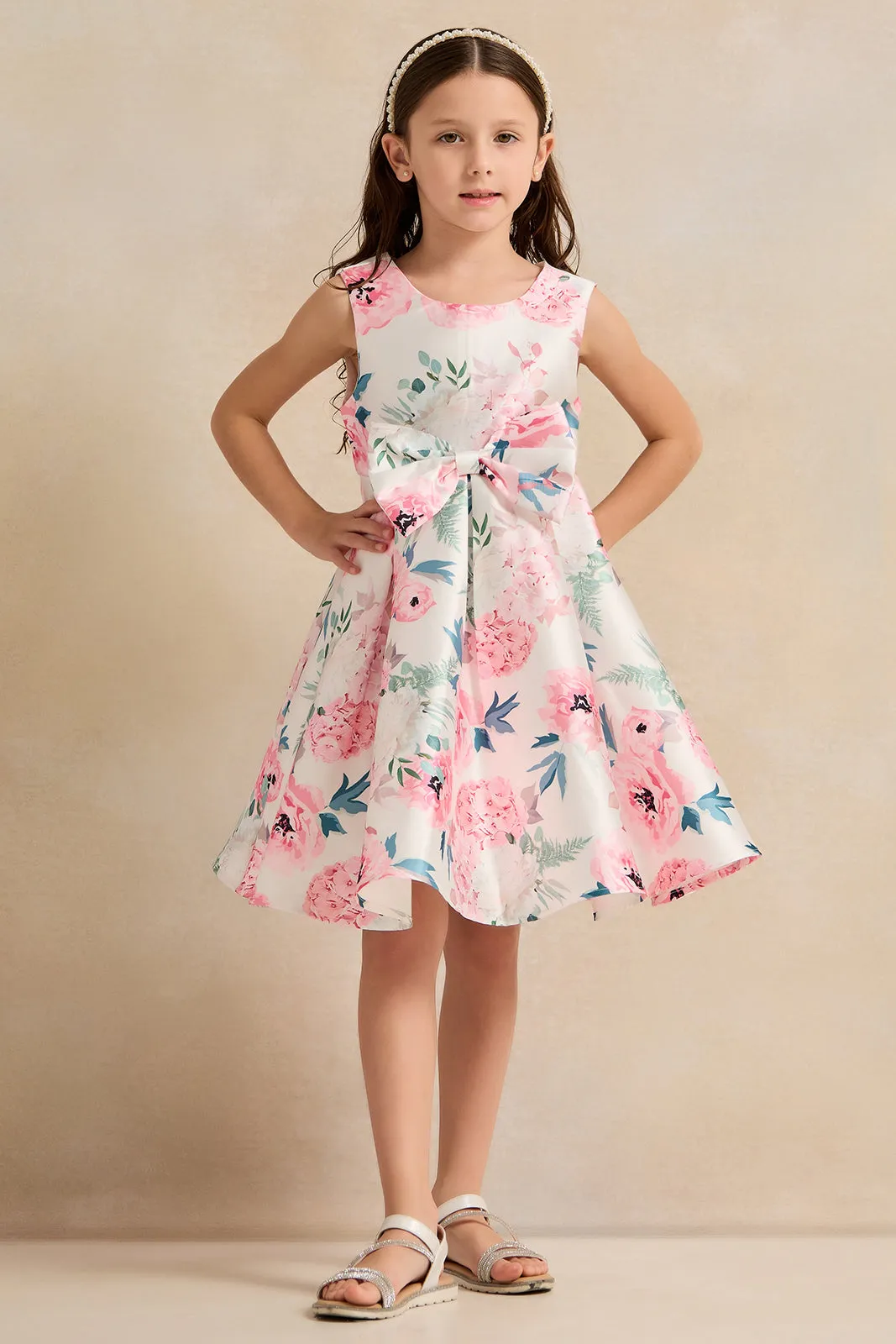 Girls Pink Flower Matte Satin Dress
