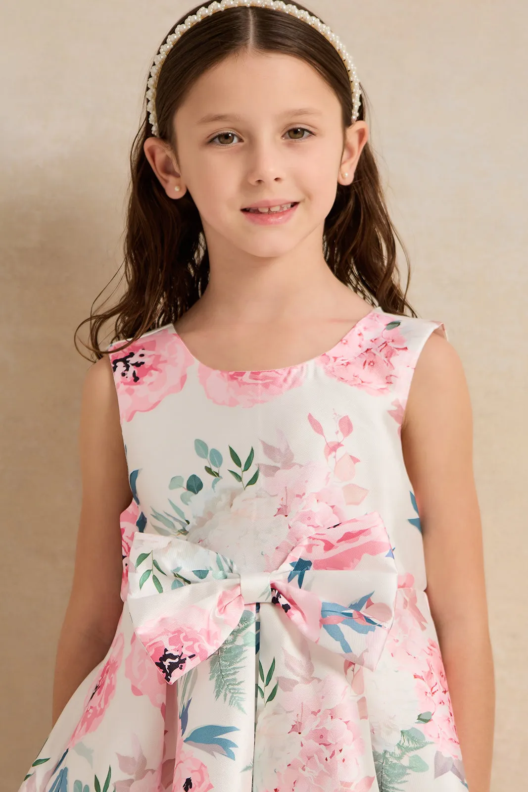 Girls Pink Flower Matte Satin Dress