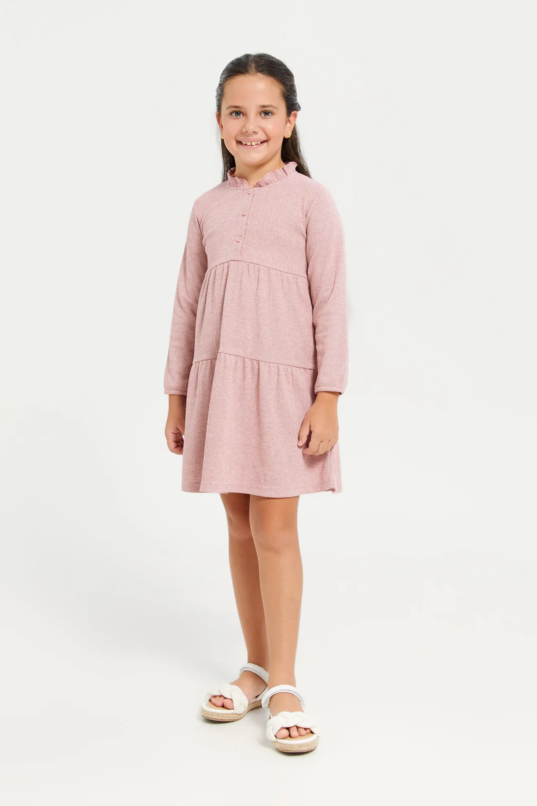 Girls Pink Tired Dress With Balloon Sleeve