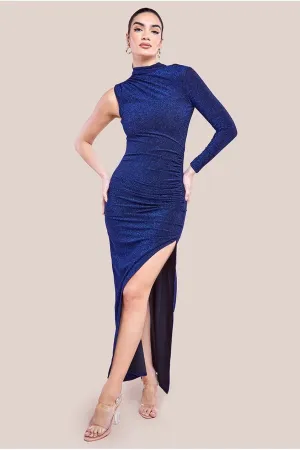 Goddiva Open Lurex Back One Sleeve Maxi Dress - Royal Blue