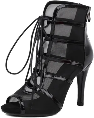 JXUZY Women's Sexy Mesh Jazz Modern Dance Shoes Lace-up Stiletto Heel Summer Ankle Booties