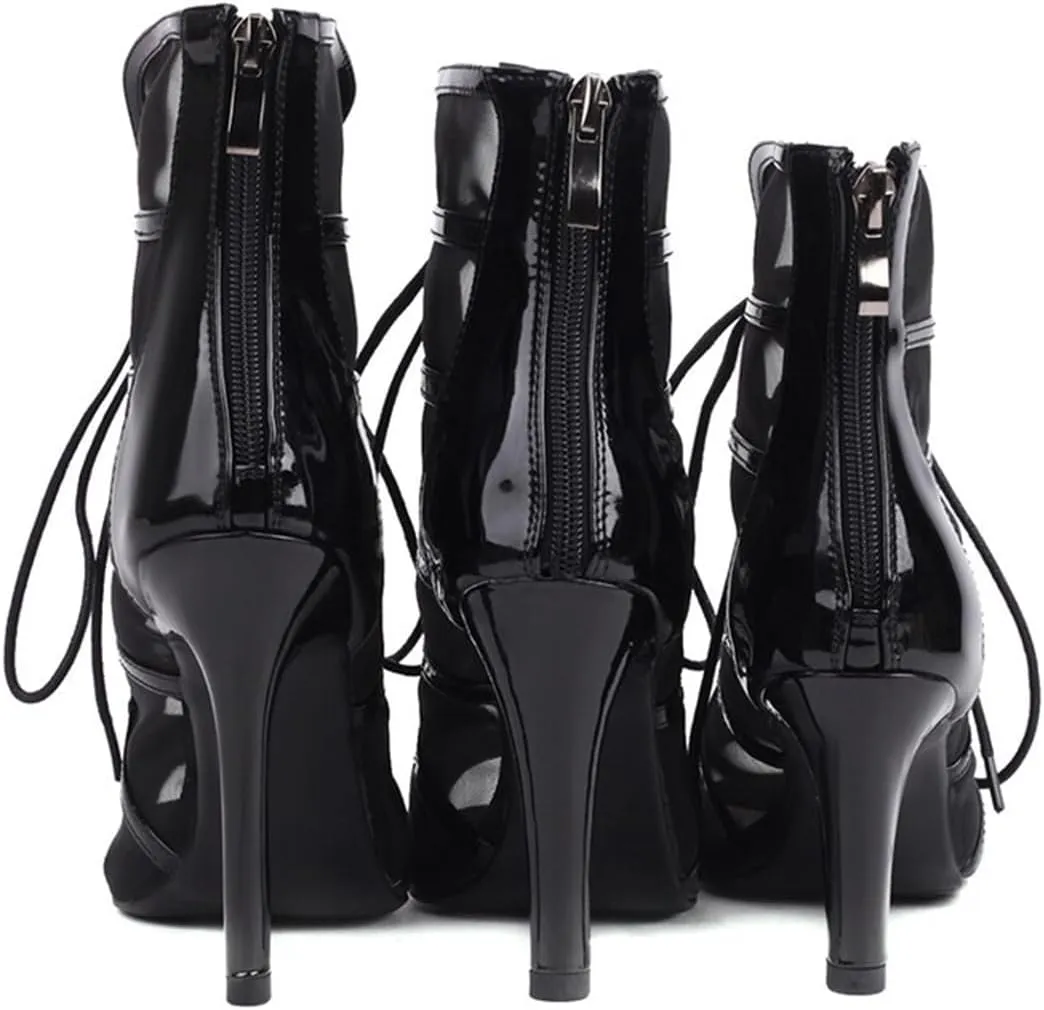 JXUZY Women's Sexy Mesh Jazz Modern Dance Shoes Lace-up Stiletto Heel Summer Ankle Booties