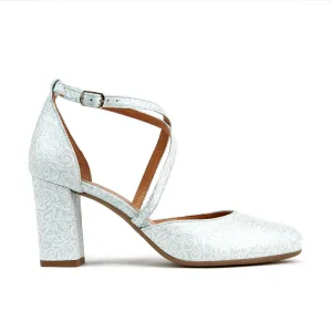 Kylie - Silver Floral - Women's leather closed toe comfortable 3 inch block heel