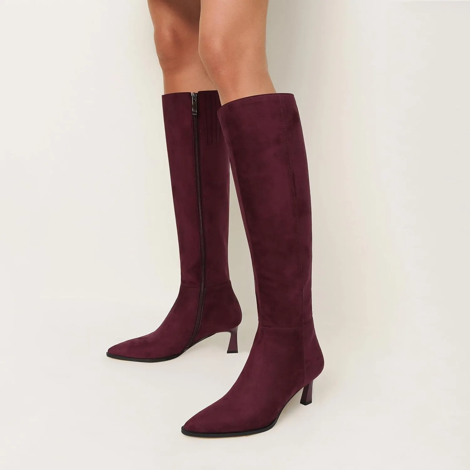 MICIFA Burgundy Kitten Heel Knee High Boots for Women Side Zipper Tall Leather Boots Pointed Toe Fall Dress Boots