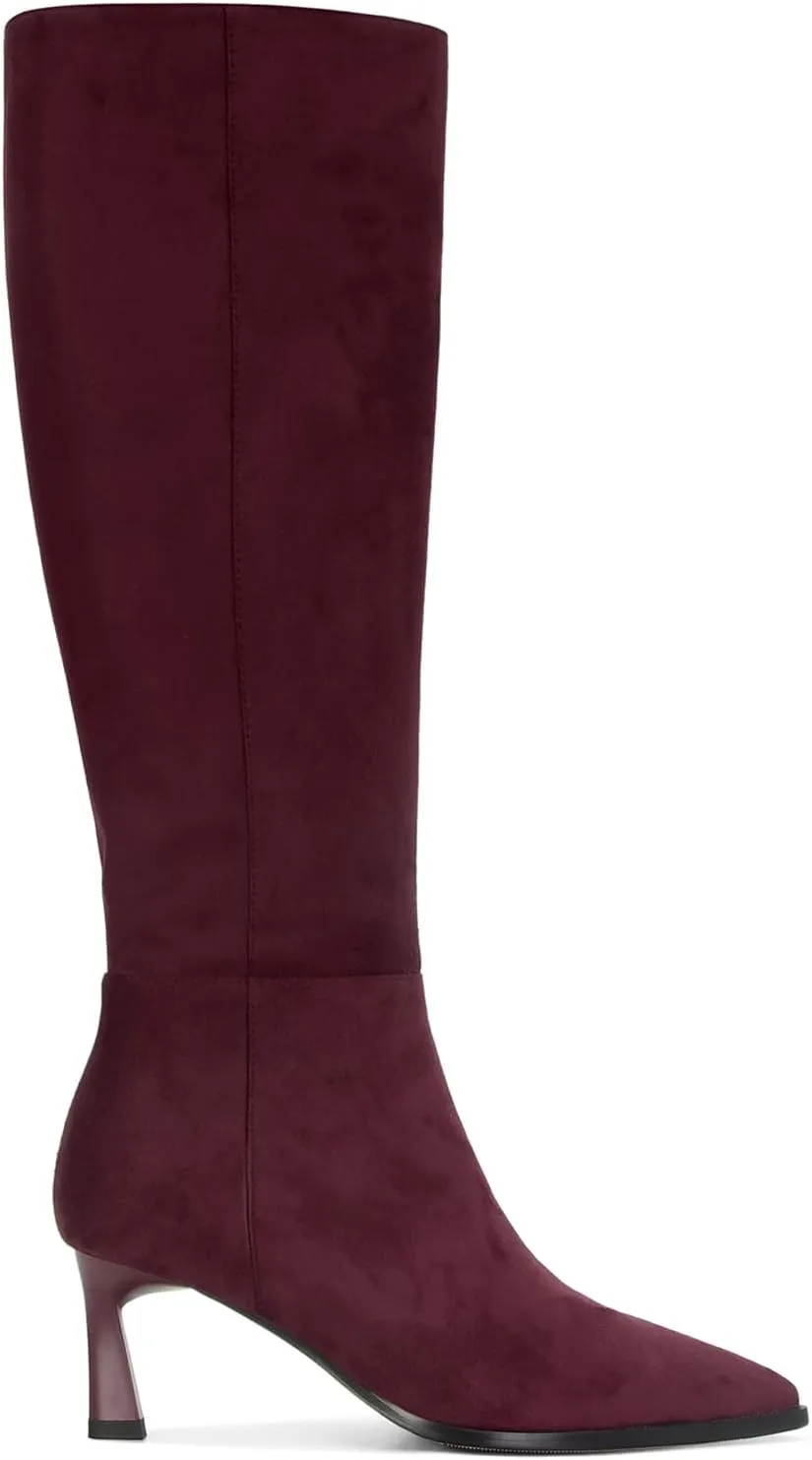 MICIFA Burgundy Kitten Heel Knee High Boots for Women Side Zipper Tall Leather Boots Pointed Toe Fall Dress Boots