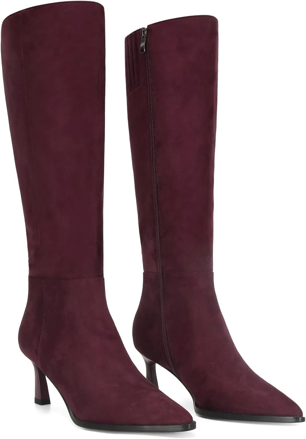 MICIFA Burgundy Kitten Heel Knee High Boots for Women Side Zipper Tall Leather Boots Pointed Toe Fall Dress Boots