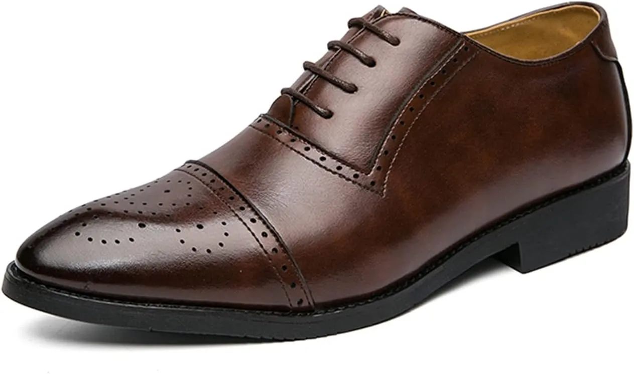 New Oxford Shoes for Men Lace Up Brogue Embossed Cap Toe Burnished Toe PU Leather Rubber Sole Low Top Block Heel Anti-Slip Party