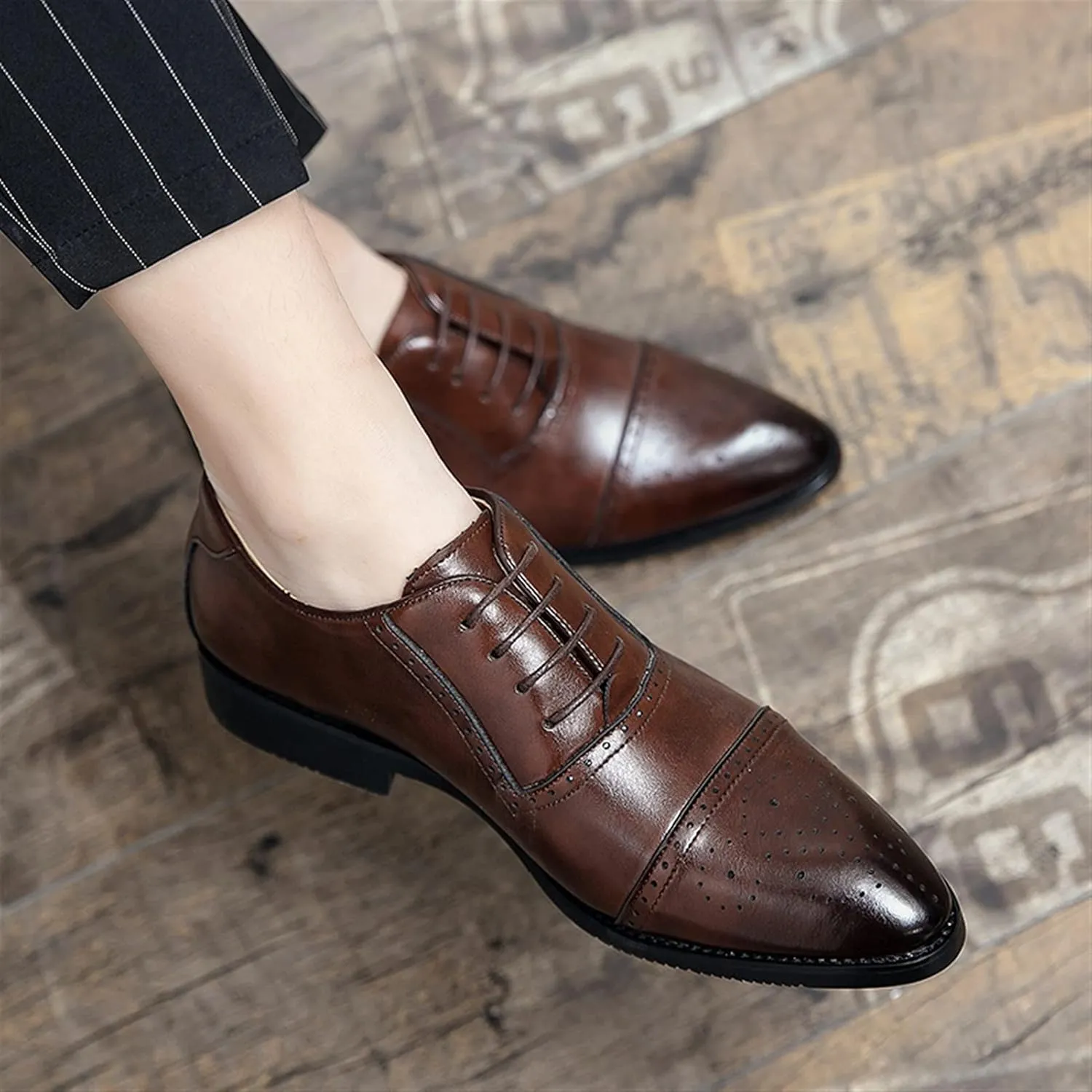 New Oxford Shoes for Men Lace Up Brogue Embossed Cap Toe Burnished Toe PU Leather Rubber Sole Low Top Block Heel Anti-Slip Party