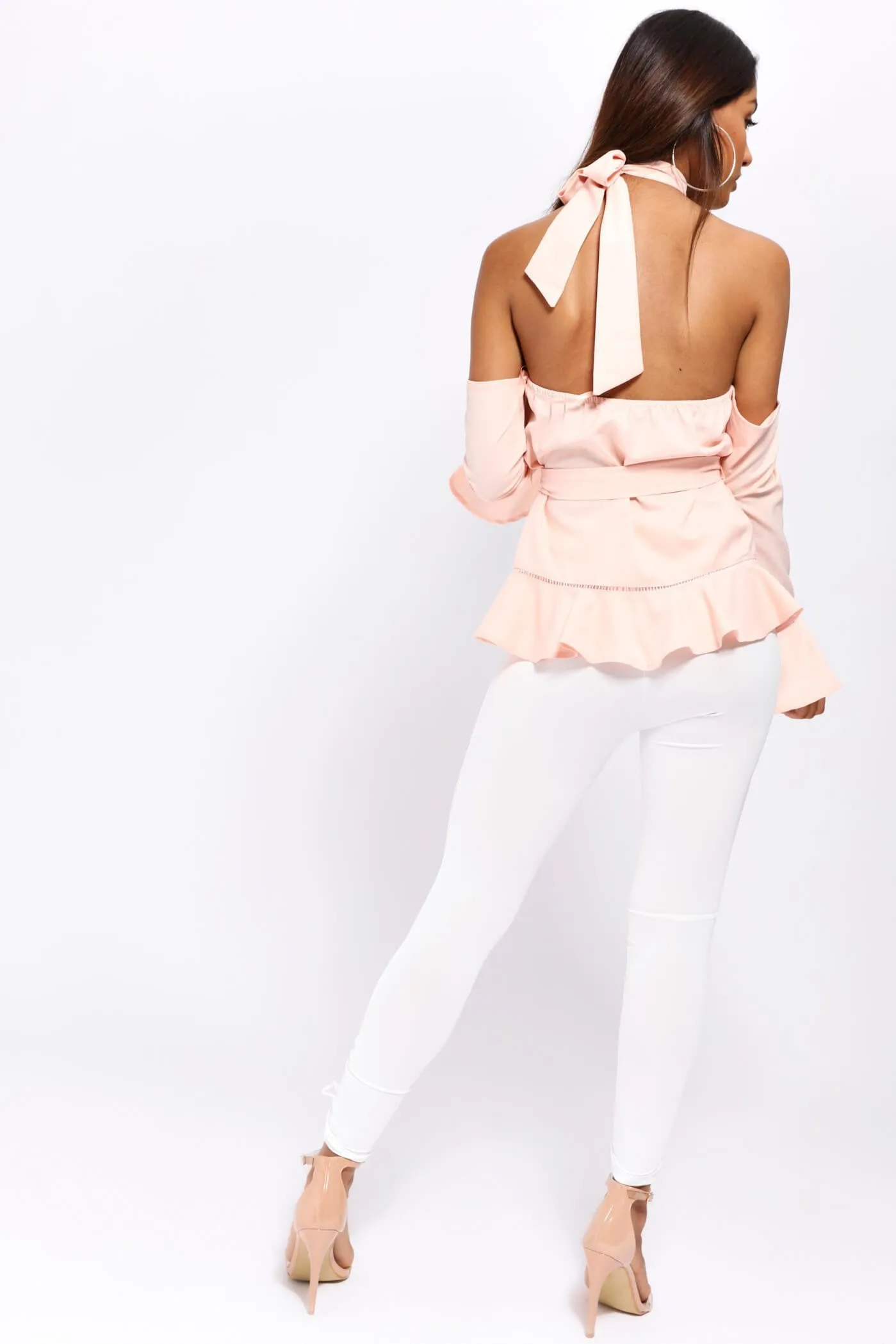 Rose Pink Cold Shoulder Halterneck Top
