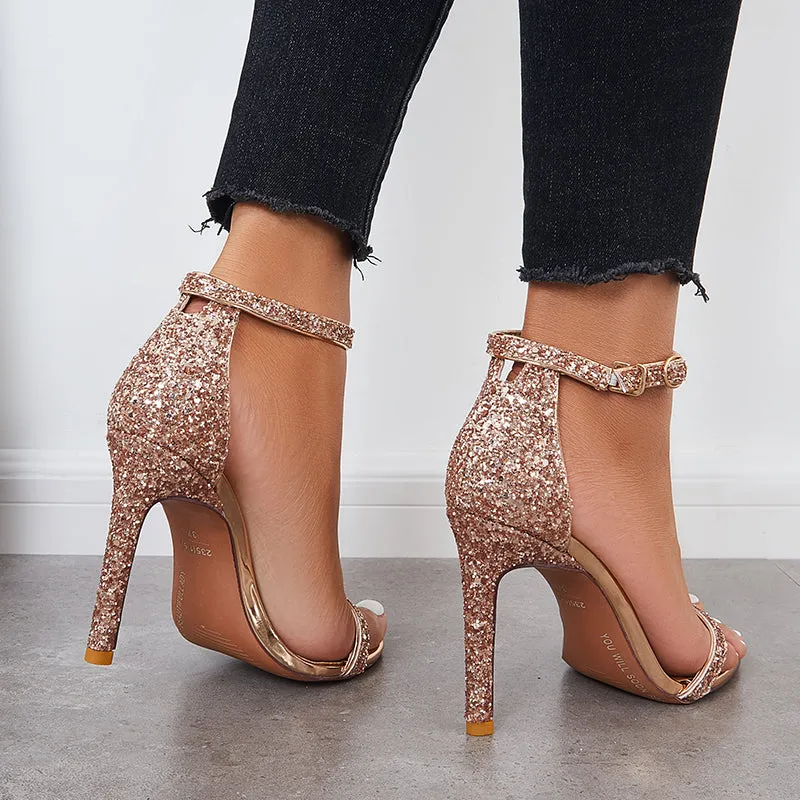 Sohiwoo  Rhienstone Stilettos Shiny Open Toe High Heel Ankle Strap Pump Sandals