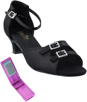 Very Fine Dance Shoes - Ladies Latin, Rhythm, Salsa Ballroom Dance Shoes - 1620-1.3-inch Heel and Foldable Brush Bundle - Black Satin - 8.5