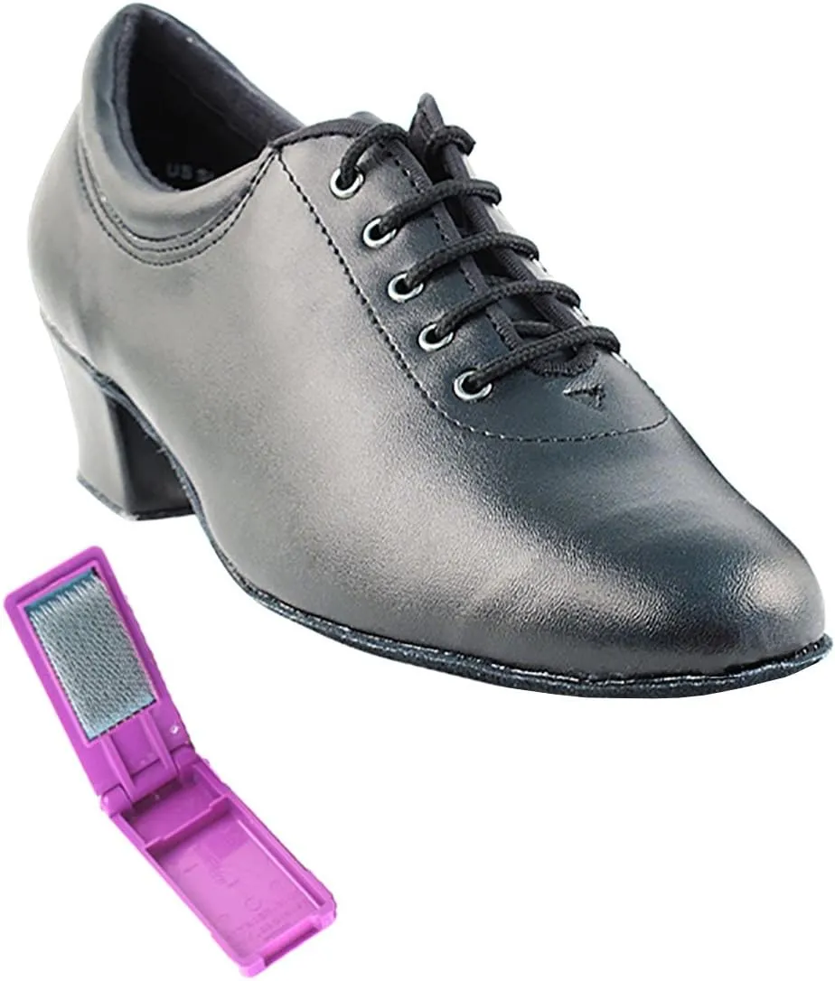 Very Fine Dance Shoes - Ladies Practice, Cuban Low Heel Ballroom Dance Shoes - 2601-1.5-inch Heel and Foldable Brush Bundle - Black Leather - 5.5