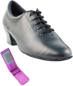 Very Fine Dance Shoes - Ladies Practice, Cuban Low Heel Ballroom Dance Shoes - 2601-1.5-inch Heel and Foldable Brush Bundle - Black Leather - 5.5