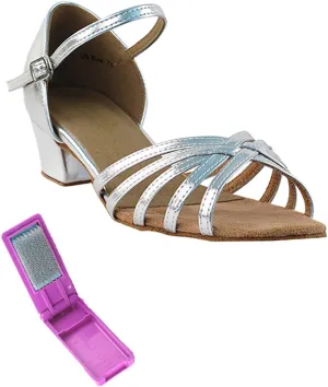 Very Fine Dance Shoes - Ladies Practice, Cuban Low Heel Ballroom Dance Shoes - 802-1.5-inch Heel and Foldable Brush Bundle - Silver Leather - 7