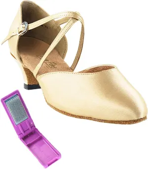 Very Fine Dance Shoes - Ladies Practice, Cuban Low Heel, Waltz Ballroom Dance Shoes - 9691-1.3-inch Heel and Foldable Brush Bundle - Light Brown Satin - 9.5