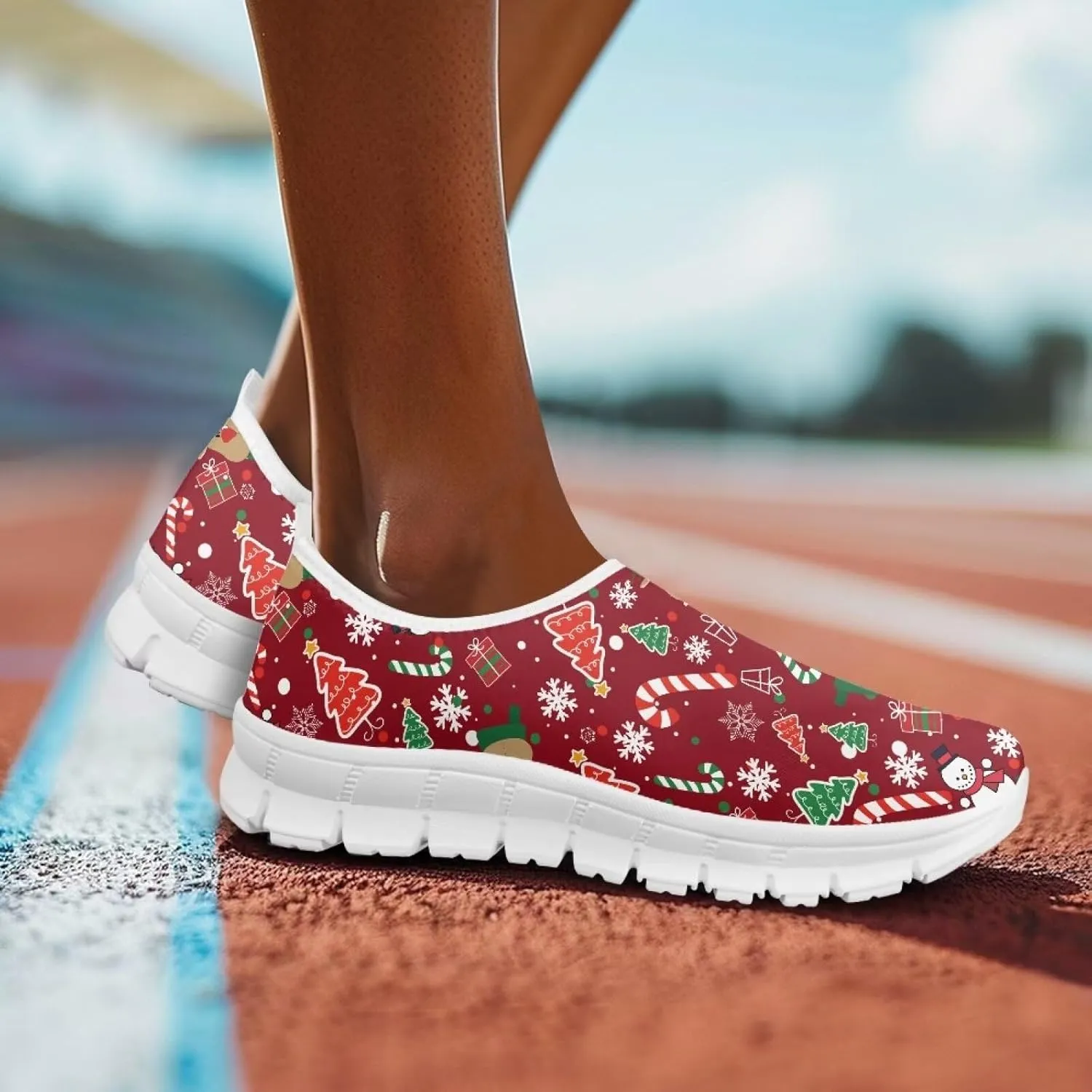 Women's Christmas Sneaker Flat Soft Casual Low-Top Tennis Shoes Slip-On Lightweight Non-Slip Breathable Mesh Outdoor Sport Running Sneaker for Ladies US 5.5-11.5