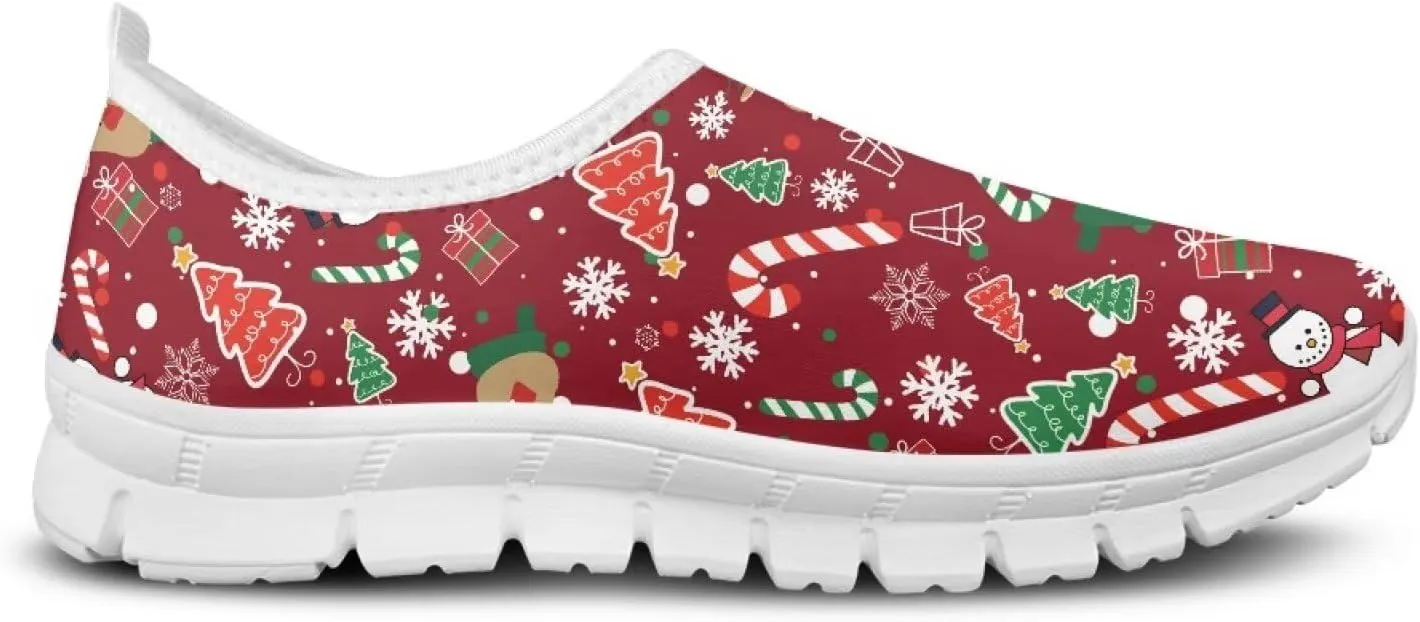 Women's Christmas Sneaker Flat Soft Casual Low-Top Tennis Shoes Slip-On Lightweight Non-Slip Breathable Mesh Outdoor Sport Running Sneaker for Ladies US 5.5-11.5