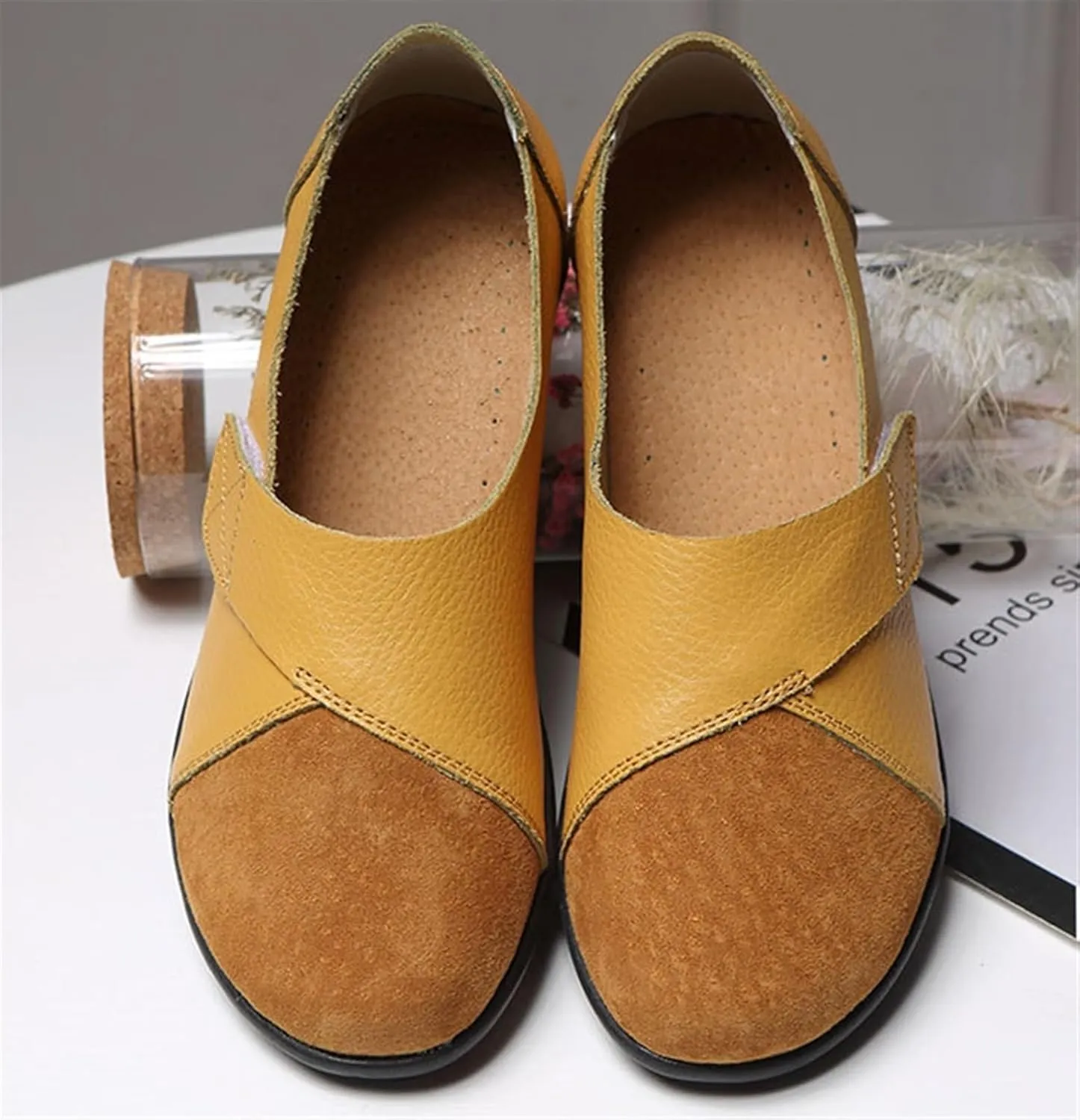 Women's Hook and Loop Loafers Suede Slip on Driving Walking Flat Sandals, Outdoor Versatile Round Toe Orthopedic Moccasins for Daily
