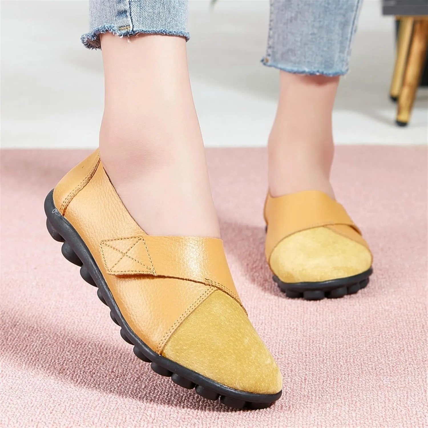 Women's Hook and Loop Loafers Suede Slip on Driving Walking Flat Sandals, Outdoor Versatile Round Toe Orthopedic Moccasins for Daily