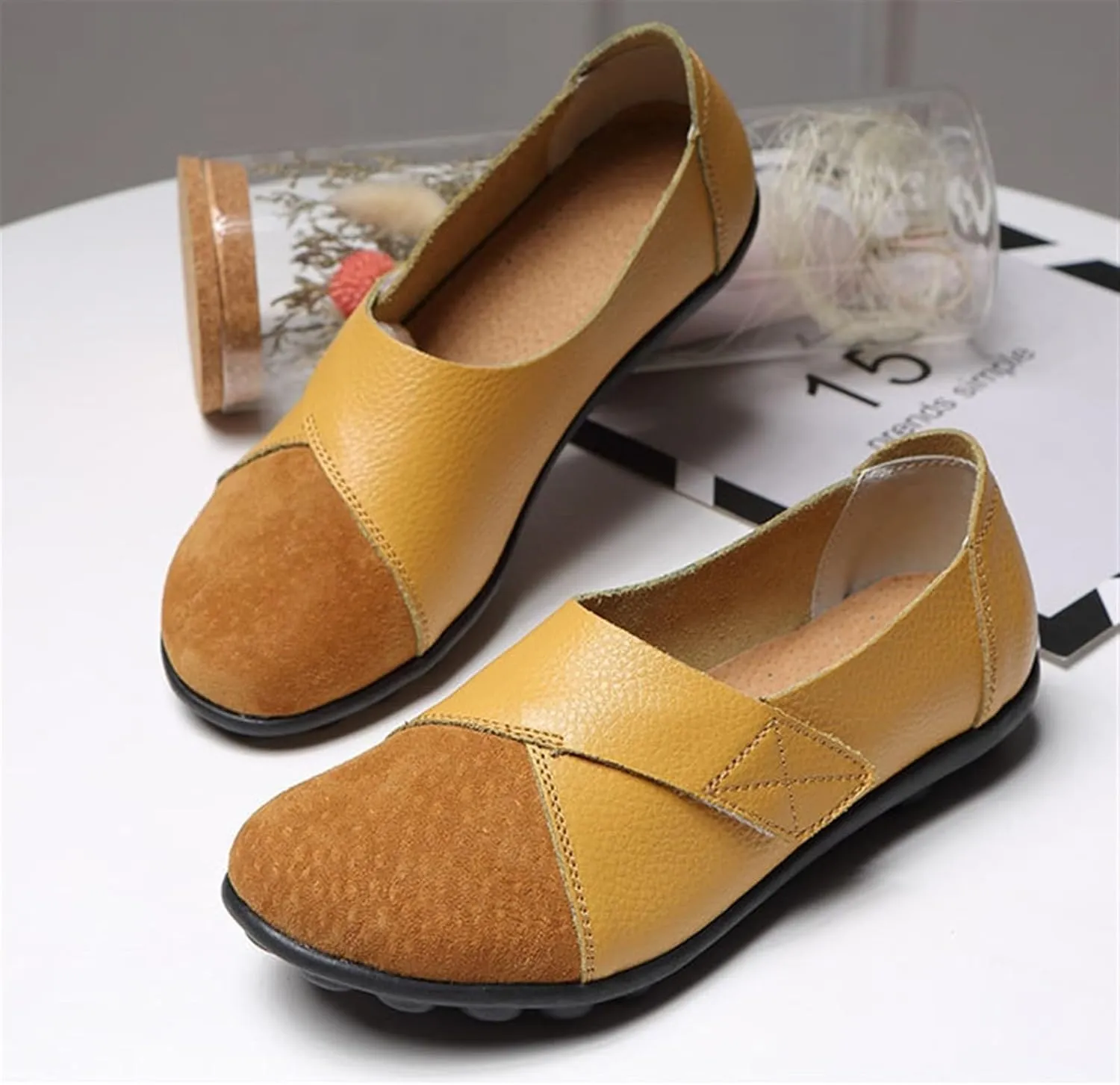 Women's Hook and Loop Loafers Suede Slip on Driving Walking Flat Sandals, Outdoor Versatile Round Toe Orthopedic Moccasins for Daily