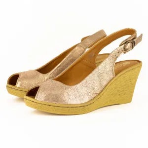 Zangemuva : Ladies Leather Peep-Toe High-Heel Wedge Sandal in Gold Metallic