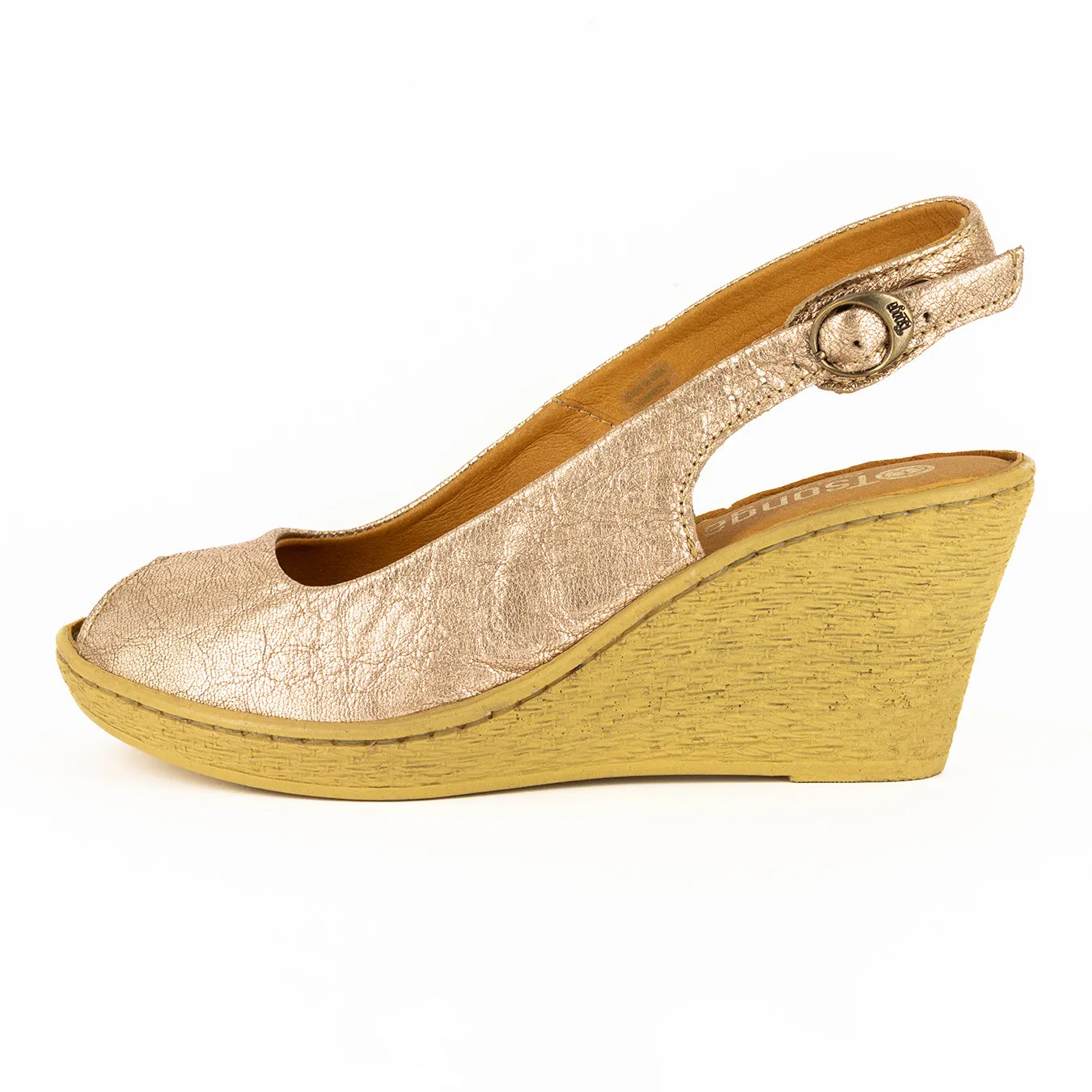 Zangemuva : Ladies Leather Peep-Toe High-Heel Wedge Sandal in Gold Metallic